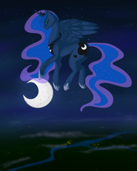 Size: 799x1000 | Tagged: safe, artist:kittyisawolf, princess luna, alicorn, pony, crescent moon, flying, night, solo