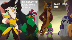 Size: 1137x634 | Tagged: safe, derpibooru import, edit, edited screencap, screencap, applejack, boyle, capper dapperpaws, captain celaeno, mullet (character), rarity, spike, anthro, cat, digitigrade anthro, dragon, pony, unicorn, my little pony: the movie, anthro with ponies, basalt beach, capperity, clothes, coat, cropped, eyepatch, female, male, mare, parrot pirates, pirate, trailer