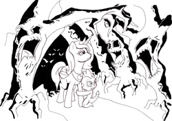 Size: 1223x861 | Tagged: safe, artist:whitecrunk, princess luna, spike, alicorn, dragon, pony, monochrome, s1 luna