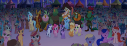 Size: 1920x704 | Tagged: safe, derpibooru import, screencap, applejack, boyle, capper dapperpaws, captain celaeno, dawn sunrays, fluttershy, lix spittle, mullet (character), murdock, pinkie pie, princess skystar, rainbow dash, rarity, twilight sparkle, twilight sparkle (alicorn), abyssinian, alicorn, anthro, classical hippogriff, earth pony, hippogriff, pegasus, pony, unicorn, my little pony: the movie, anthro with ponies, background pony, background pony audience, crowd, female, happy, male, mane six, mare, parrot pirates, pirate, rainbow (song), stallion, unnamed pony