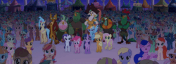 Size: 960x352 | Tagged: safe, derpibooru import, screencap, applejack, boyle, capper dapperpaws, captain celaeno, dawn sunrays, fluttershy, lix spittle, mullet (character), murdock, pinkie pie, princess skystar, rainbow dash, rarity, twilight sparkle, twilight sparkle (alicorn), alicorn, anthro, cat, classical hippogriff, hippogriff, parrot, pony, my little pony: the movie, animated, anthro with ponies, background pony, background pony audience, cheering, crowd, gif, happy, hoofy-kicks, mane six, parrot pirates, pinkie being pinkie, pirate, pronking, rainbow (song), raised hoof, rearing, unnamed pony
