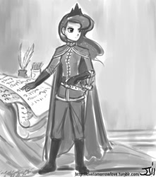 Size: 882x1000 | Tagged: safe, artist:johnjoseco, princess luna, human, cape, clothes, grayscale, humanized, military uniform, monochrome, napoleon bonaparte, scroll, solo, standing, sword, uniform, warrior luna, weapon