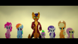 Size: 1920x1080 | Tagged: safe, derpibooru import, screencap, applejack, capper dapperpaws, fluttershy, pinkie pie, rainbow dash, rarity, spike, abyssinian, anthro, cat, dragon, earth pony, pegasus, pony, unicorn, my little pony: the movie, anthro with ponies, clothes, female, looking at you, male, mare