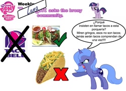 Size: 1152x832 | Tagged: safe, princess luna, alicorn, pony, real tacos, soft shell vs hard shell, soft shell vs. hard shell, spanish, taco, translation, twilight asks