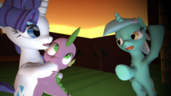 Size: 1920x1080 | Tagged: safe, lyra heartstrings, rarity, spike, dragon, pony, unicorn, 3d, disgusted, female, gmod, green hill zone, hoof fetish, hoof sucking, male, shipping, sparity, straight