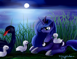 Size: 1224x936 | Tagged: safe, artist:incinerater, princess luna, alicorn, pony, swan, moon, prone, water