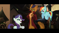 Size: 1280x720 | Tagged: safe, derpibooru import, screencap, capper dapperpaws, rainbow dash, rarity, abyssinian, anthro, cat, my little pony: the movie, klugetown, laughing, smiling, smirk