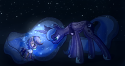 Size: 5653x3001 | Tagged: safe, artist:darkflame75, princess luna, scootaloo, alicorn, pegasus, pony, absurd resolution, duo, female, filly, frown, magic, night, scootasad, stars