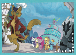 Size: 1785x1283 | Tagged: safe, derpibooru import, applejack, capper dapperpaws, fluttershy, pinkie pie, rainbow dash, rarity, spike, abyssinian, anthro, cat, digitigrade anthro, dragon, pony, my little pony: the movie, anthro with ponies, cake, clothes, coat, food, storm guard