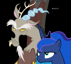 Size: 1628x1456 | Tagged: safe, artist:nukarulesthehouse1, discord, princess luna, alicorn, draconequus, pony, female, horn, male, mare, unamused