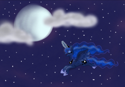 Size: 900x626 | Tagged: safe, artist:kittykatz547, princess luna, alicorn, pony, cloud, flying, moon, night, solo