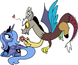 Size: 1600x1332 | Tagged: safe, artist:strangiesleepy, discord, princess luna, alicorn, pony, blushing, female, floating, flower, frown, heart, lunacord, male, prone, s1 luna, shipping, simple background, smiling, spread wings, straight, younger