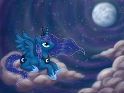 Size: 2048x1536 | Tagged: safe, artist:mausefang, princess luna, alicorn, pony, cloud, cloudy, moon, night, prone, solo