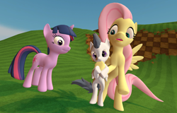 Size: 1600x1024 | Tagged: safe, artist:viranimation, fluttershy, rumble, twilight sparkle, pegasus, pony, 3d, crossover, flutterrumble, gmod, green hill zone, hoof fetish, hoof licking, hoof sucking, sonic the hedgehog (series)