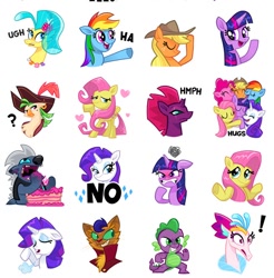 Size: 652x662 | Tagged: safe, derpibooru import, applejack, capper dapperpaws, captain celaeno, fluttershy, grubber, pinkie pie, princess skystar, queen novo, rainbow dash, rarity, spike, tempest shadow, twilight sparkle, twilight sparkle (alicorn), abyssinian, alicorn, anthro, cat, dragon, earth pony, pegasus, pony, seapony (g4), unicorn, my little pony: the movie, !!!, angry, anthro with ponies, broken horn, bust, exclamation point, facebook, female, group hug, heart, hug, looking at you, male, mane seven, mane six, mare, no, official, portrait, shrug, shrugpony, sticker