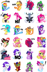 Size: 1020x1540 | Tagged: safe, artist:jublin, derpibooru import, applejack, capper dapperpaws, captain celaeno, fluttershy, grubber, pinkie pie, princess skystar, queen novo, rainbow dash, rarity, songbird serenade, spike, storm king, tempest shadow, twilight sparkle, twilight sparkle (alicorn), abyssinian, alicorn, anthro, cat, dragon, earth pony, pegasus, pony, seapony (g4), unicorn, my little pony: the movie, angry, animated, anthro with ponies, cake, confetti, cowboy hat, duh, eww, exclamation point, facebook, facebook sticker, female, floating heart, food, group hug, ha, hat, headworn microphone, heart, hi, hmph, hug, male, mane six, mare, music notes, no, please, question mark, rainbow, shrug, sigh, sticker, ugh, waving