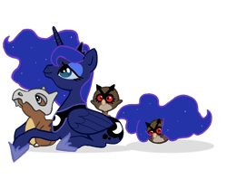 Size: 700x585 | Tagged: safe, artist:ketokultasiipi, princess luna, alicorn, pony, cubone, hoothoot, pokémon