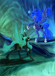 Size: 1275x1755 | Tagged: safe, artist:dalagar, princess luna, queen chrysalis, alicorn, changeling, changeling queen, pony, female