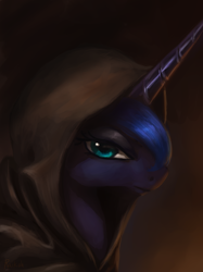 Size: 800x1067 | Tagged: safe, artist:raikoh, princess luna, alicorn, pony, bust, cloak, clothes, cowl, hood, looking at you, portrait, profile, solo