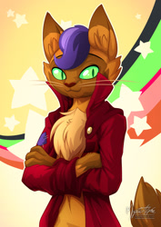 Size: 955x1351 | Tagged: safe, artist:mysticalpha, derpibooru import, capper dapperpaws, abyssinian, anthro, cat, my little pony: the movie, clothes, crossed arms, male, slit eyes, smiling, solo