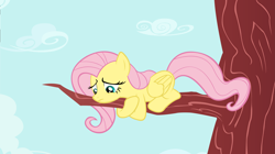 Size: 6671x3741 | Tagged: safe, artist:boneswolbach, fluttershy, pegasus, pony, cloud, scared, solo, tree, vector