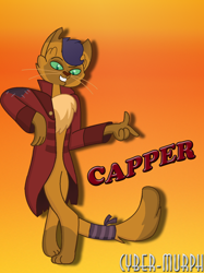 Size: 1220x1629 | Tagged: safe, artist:cyber-murph, derpibooru import, capper dapperpaws, abyssinian, anthro, cat, digitigrade anthro, my little pony: the movie, clothes, coat, gradient background, patch, signature, solo