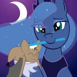 Size: 800x800 | Tagged: safe, artist:pariahpoet, princess luna, alicorn, bat, pony, brush, brushie, cute, eyes closed, fangs, hoof hold, moon, mouth hold, night, pet, smiling, toothbrush