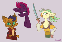 Size: 1024x683 | Tagged: safe, artist:flourret, derpibooru import, capper dapperpaws, captain celaeno, fizzlepop berrytwist, tempest shadow, abyssinian, anthro, bird, cat, pony, unicorn, my little pony: the movie, anthro with ponies, broken horn, bust, chest fluff, clothes, fluffy, portrait, simple background, sword, trio, weapon