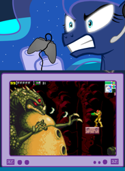 Size: 563x769 | Tagged: safe, princess luna, alicorn, pony, exploitable meme, game, gamer luna, gamer meme, kraid, meme, metroid, metroid: zero mission, obligatory pony, samus aran, tv meme