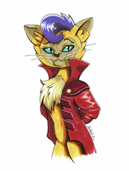 Size: 1600x2133 | Tagged: safe, artist:helmie-art, derpibooru import, capper dapperpaws, abyssinian, anthro, cat, my little pony: the movie, clothes, male, simple background, slit eyes, solo, traditional art