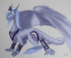 Size: 1080x884 | Tagged: safe, artist:ryuukiba, princess luna, dragon, dragonified, gray background, lunadragon, s1 luna, simple background, solo, species swap