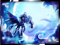 Size: 2000x1500 | Tagged: safe, artist:dishwasher1910, princess luna, alicorn, pony, blushing, cloud, female, magic, magic aura, mare, night, solo