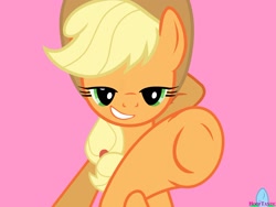 Size: 2222x1667 | Tagged: safe, artist:hooftastic, applejack, earth pony, pony, cowboy hat, female, hat, hoof fetish, kicks mcgee, mare, misleading thumbnail, not what it looks like, pink background, show accurate, simple background, solo, underhoof