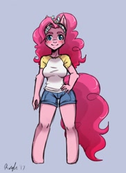 Size: 930x1280 | Tagged: safe, artist:autumnmelody, pinkie pie, anthro, unguligrade anthro, blushing, cheek fluff, clothes, denim shorts, female, hand on hip, looking at you, shirt, shorts, signature, simple background, smiling, solo, t-shirt