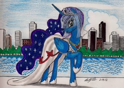 Size: 1334x956 | Tagged: safe, artist:newyorkx3, princess luna, alicorn, pony, city, clothes, dress, female, raised hoof, solo, traditional art, wedding dress, wedding veil