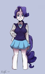 Size: 777x1280 | Tagged: safe, artist:autumnmelody, rarity, anthro, unguligrade anthro, clothes, eye clipping through hair, female, hand on hip, looking at you, shirt, signature, simple background, skirt, smiling, solo, sweater vest, vest