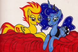 Size: 900x604 | Tagged: safe, artist:newyorkx3, princess luna, spitfire, alicorn, pony, bedroom eyes, traditional art