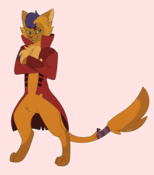 Size: 1280x1445 | Tagged: safe, artist:neoperks, derpibooru import, capper dapperpaws, abyssinian, anthro, cat, digitigrade anthro, my little pony: the movie, clothes, coat, crossed arms, male, pink background, simple background, smiling, solo