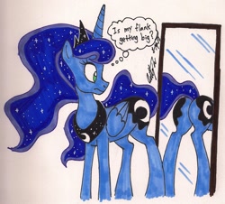 Size: 1336x1207 | Tagged: safe, artist:newyorkx3, princess luna, alicorn, pony, dialogue, mirror, moonbutt, plot, reflection, solo, traditional art