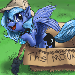 Size: 1200x1200 | Tagged: dead source, safe, artist:aphexangel, princess luna, alicorn, bat, pony, aphexangel will make angels out of us, box, calvin and hobbes, cardboard box, cartographer's cap, cute, diabetes, filly, hat, hnnng, leaning, looking at you, looking up, lunabetes, open mouth, pony in a box, smiling, solo, spread wings, transmogrifier, weapons-grade cute, woona, younger