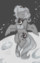 Size: 1220x1920 | Tagged: safe, artist:mlpfwb, princess luna, alicorn, pony, bipedal, eyes closed, female, filly, grayscale, monochrome, moon, moonstuck, smiling, solo, space, woona, younger