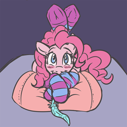 Size: 650x647 | Tagged: safe, artist:caroo, pinkie pie, earth pony, pony, blushing, clothes, cute, diapinkes, feather, female, fetish, hoof fetish, hooves, imminent tickles, mare, smiling, socks, solo, striped socks, tickling, underhoof