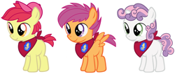 Size: 1600x683 | Tagged: safe, artist:evilfrenzy, apple bloom, applebuck, scootaloo, scooteroll, silver bell, sweetie belle, earth pony, pegasus, pony, unicorn, bandana, baseball cap, cap, colt, cutie mark crusaders, hat, male, rule 63, simple background, white background