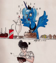 Size: 1240x1393 | Tagged: safe, artist:newyorkx3, princess luna, oc, oc:tommy, human, cake, candy apple (food), comic, cookie, food, ice cream, muffin, non-mlp oc, pancakes, s1 luna, self insert, soda, traditional art