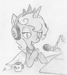 Size: 542x602 | Tagged: safe, artist:swiftcutter, princess luna, alicorn, pony, headphones, microphone, monochrome, radio, solo, table, traditional art