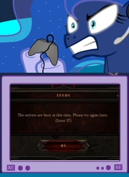 Size: 512x700 | Tagged: safe, princess luna, alicorn, pony, diablo, diablo 3, error 37, exploitable meme, gamer luna, gamer meme, meme, obligatory pony, tv meme