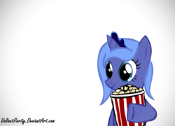 Size: 1159x835 | Tagged: dead source, safe, artist:valiantrarity, princess luna, alicorn, pony, crown, everyday life, filly, food, jewelry, nichijou, popcorn, regalia, simple background, smiling, solo, white background, woona