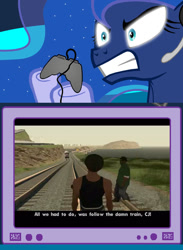 Size: 563x769 | Tagged: safe, princess luna, alicorn, pony, big smoke, carl johnson, exploitable meme, follow the damn train, gamer luna, gamer meme, grand theft auto, gta san andreas, meme, obligatory pony, tv meme