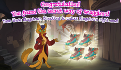 Size: 773x452 | Tagged: safe, derpibooru import, capper dapperpaws, abyssinian, anthro, cat, digitigrade anthro, my little pony: the movie, clothes, coat, congratulation, congratulations, engrish, gameloft, gameloft shenanigans, misspelling, solo