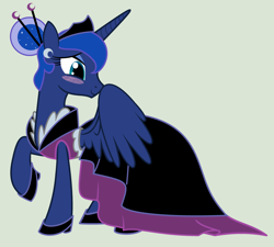 Size: 1600x1439 | Tagged: safe, artist:evilfrenzy, princess luna, alicorn, pony, alternate hairstyle, blushing, clothes, dress, gala dress, high heels, shy, simple background, smiling, solo, vector